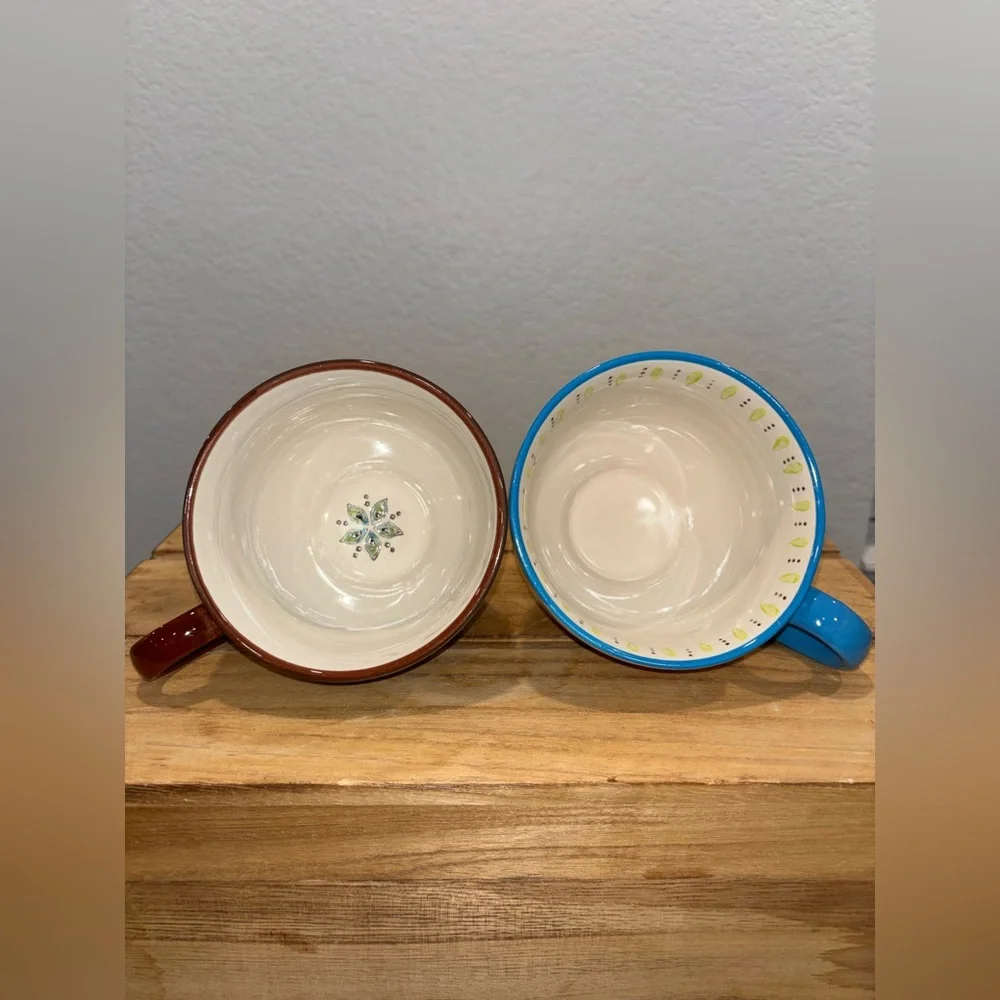 Set of 2 Pier 1 Imports Dolomite Ellie Peacock Hand Painted Footed Mugs 16oz